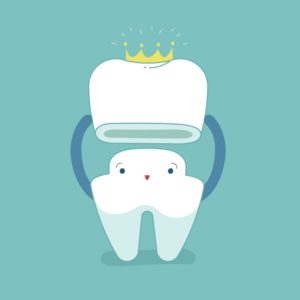 Cartoon image of a tooth wearing a dental crown.